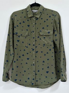 Uniqlo Silk Hearts Green Long Sleeve Button Down Shirt Size Xsmall